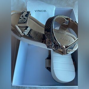 Vince Snake-Print Beige & Black Strappy Sandals